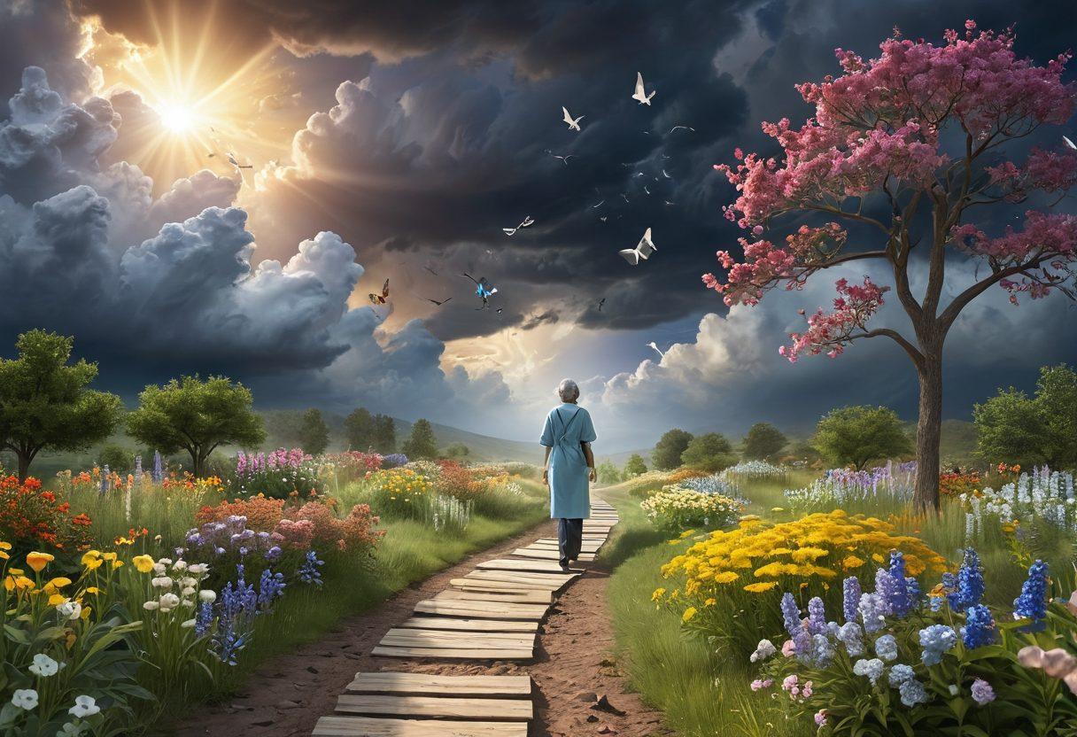 A serene landscape depicting a patient journey from dark stormy clouds representing diagnosis to bright sunshine symbolizing wellness. Include supportive figures such as healthcare professionals guiding a patient along a vibrant path filled with resources like books, tablets, and wellness tools. Add elements like blooming flowers and butterflies to symbolize hope and healing. soft colors. nature-inspired. 3D.